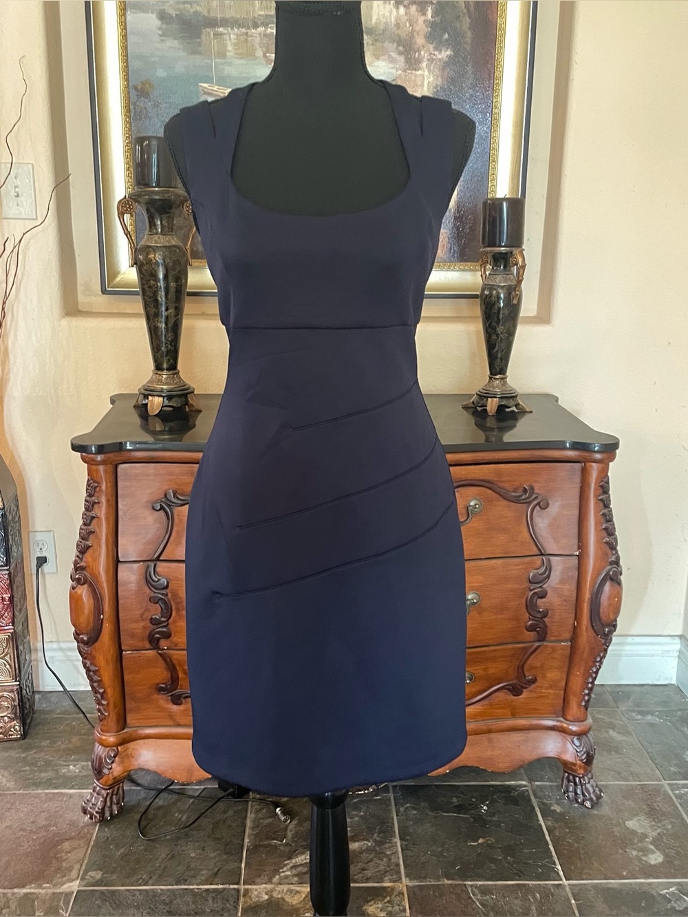 Navy body con Dress with Square Neck and open back